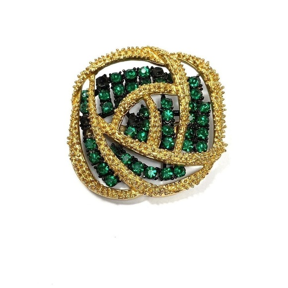 Gold Tone Emerald Green Rhinestones Vintage Brooch Double Layered FLAW - Picture 1 of 10